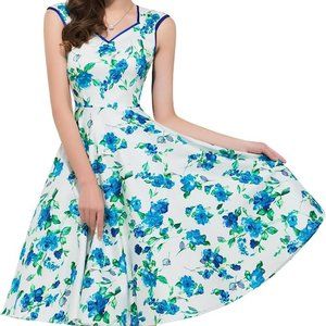 Grace Karin 1950s Style Blue Floral Cap Sleeve Swing Dress